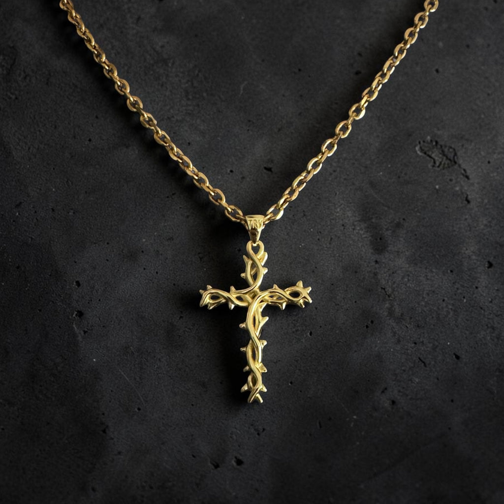 TheRisenKing Crown of Thorns Cross Necklace – 10K Gold | Faith Jewelry