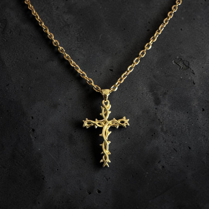 Crown of Thorns Cross Necklace – 10K Gold