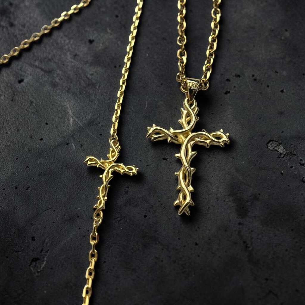 TheRisenKing Thorns Bundle – 10K Gold Cross Necklace & Bracelet Set | Faith Jewelry