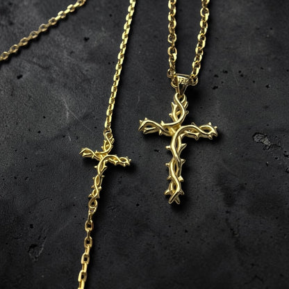 Crown of Thorns Cross Necklace & Bracelet Set – 10K Gold