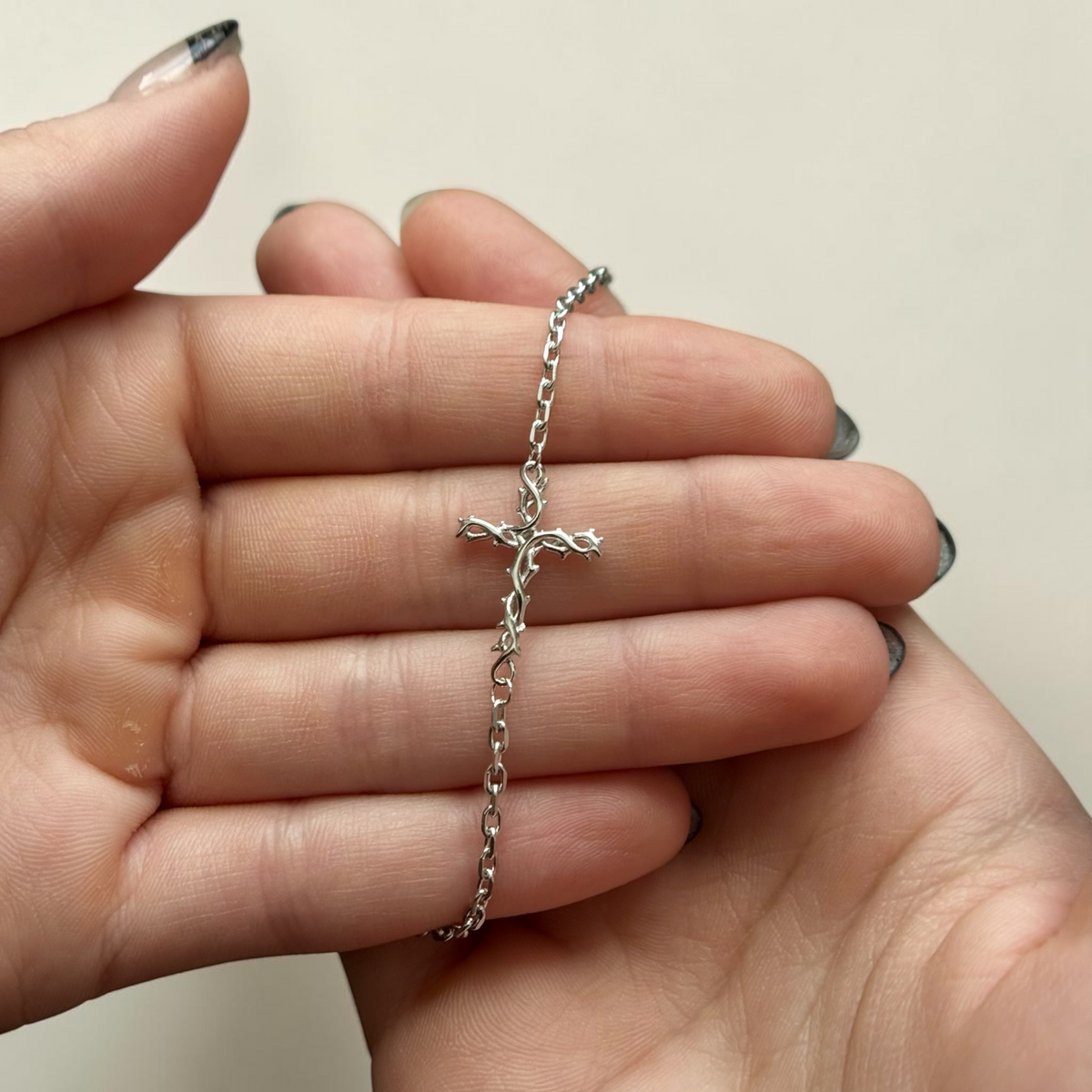 Crown of Thorns Cross Bracelet – 925 Sterling Silver