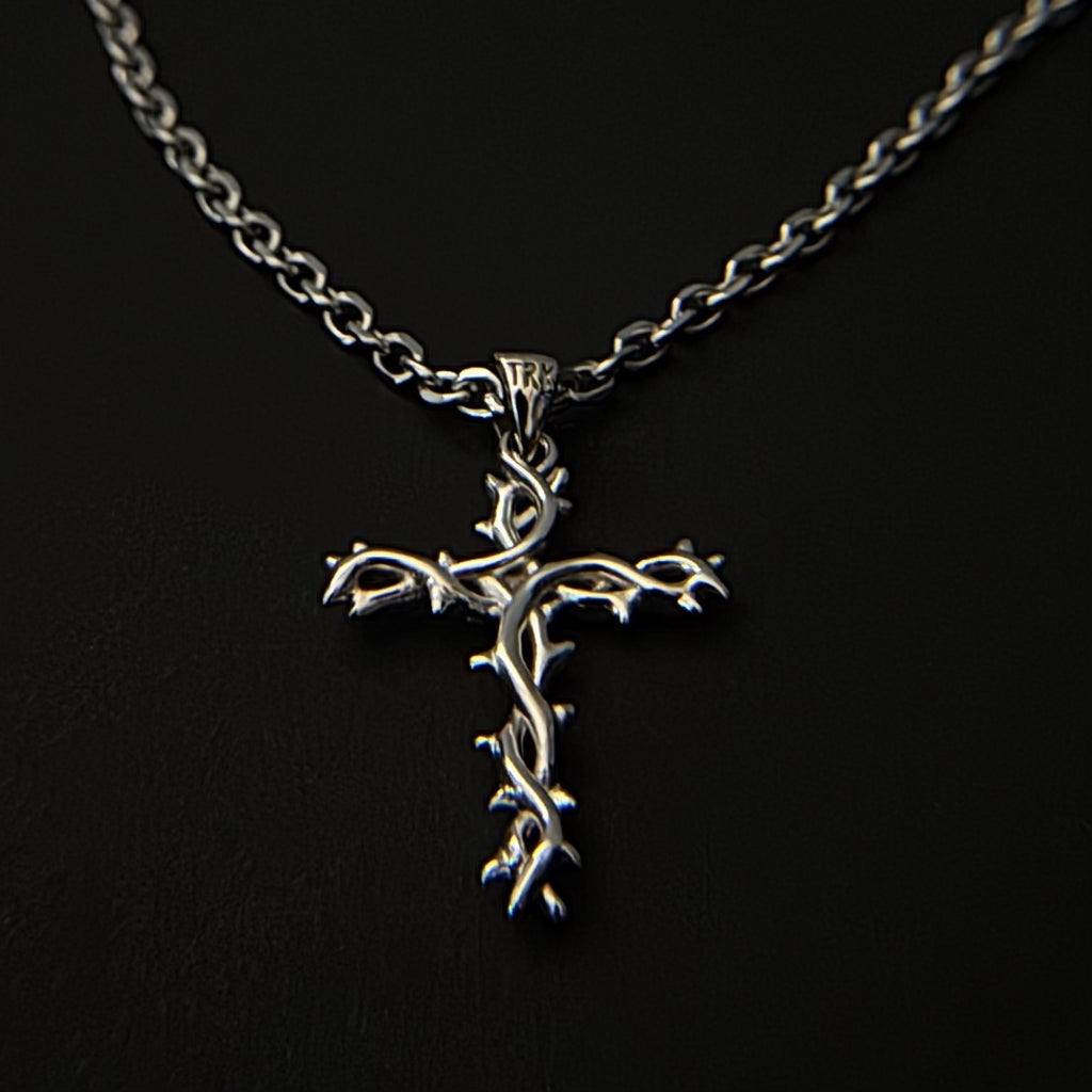 Crown of Thorns Cross Necklace (Silver)
