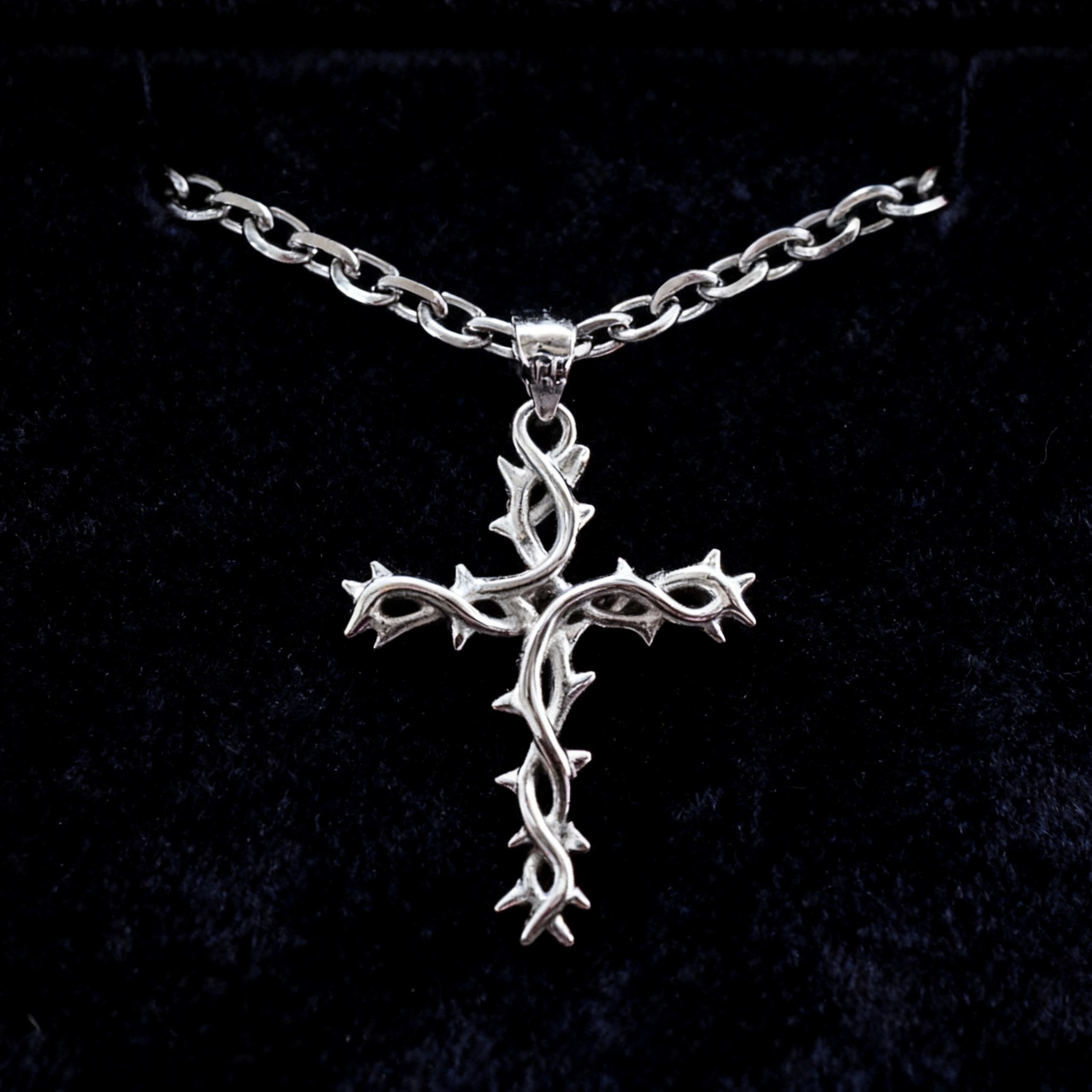 Crown of Thorns Cross Necklace (Silver)